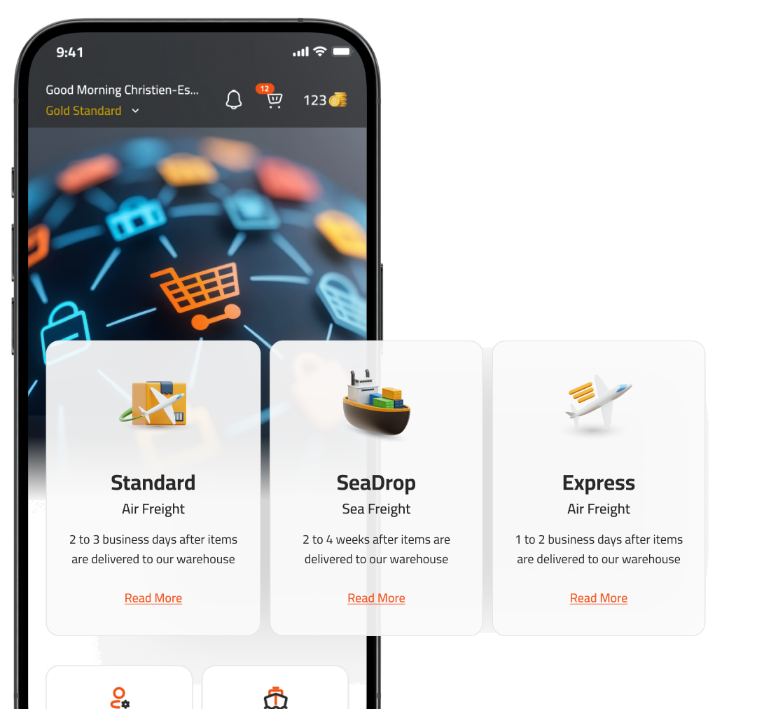 The AirDrop app with Standard, SeaDrop, and Express shipping options